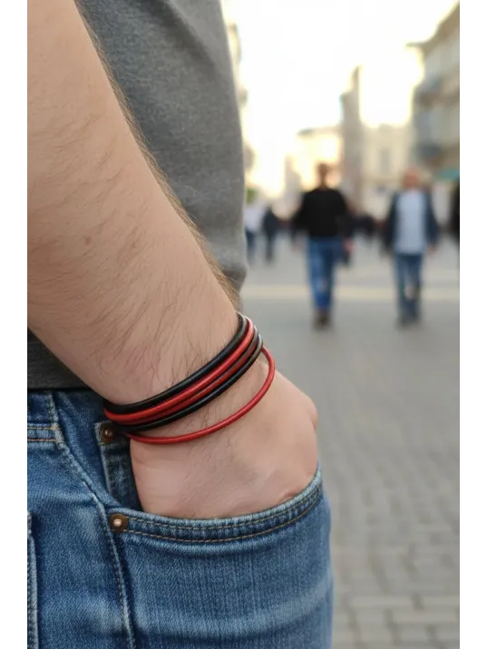 Erkek Deri Bileklik - Altı Sıra Kırmızı Siyah Deri Erkek Bileklik Erkek Deri Bileklik - Altı Sıra Kırmızı Siyah Deri Erkek Bileklik