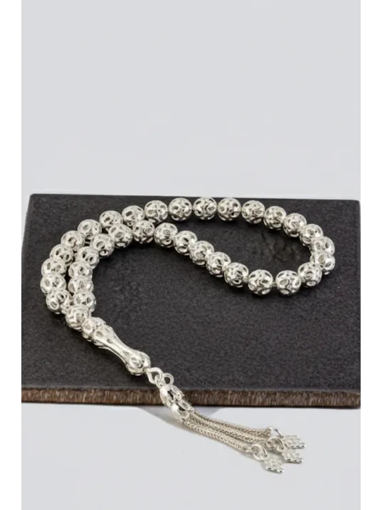 Erkek Gümüş Tespih - 925 Ayar Model Delikli Parlak Küre Üzüm Detaylı Kesim Tesbih Bilek Boy