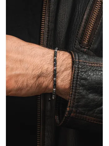 Siyah Hematit Taşlı Gümüş Detaylı Ayarlanabilir İp Bileklik - Model 3