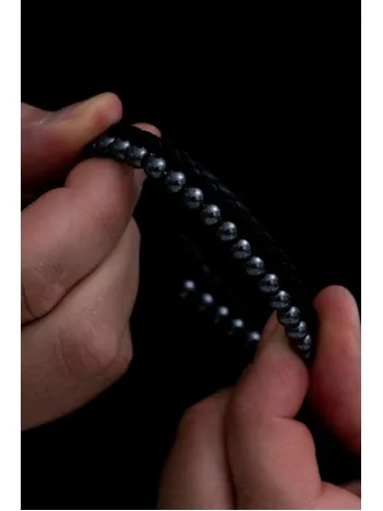 Doğal Taşlı Hematit Deri Bileklik