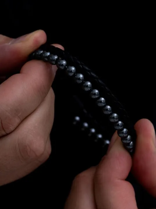 Doğal Taşlı Hematit Deri Bileklik