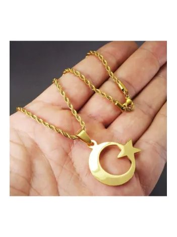 Altın Rengi Ayyıldız Bayrak Erkek Çelik Kolye Zincir