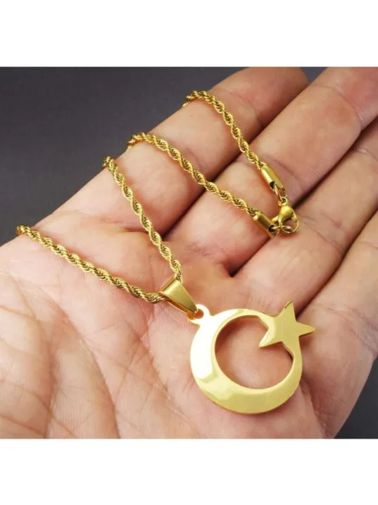 Altın Rengi Ayyıldız Bayrak Erkek Çelik Kolye Zincir