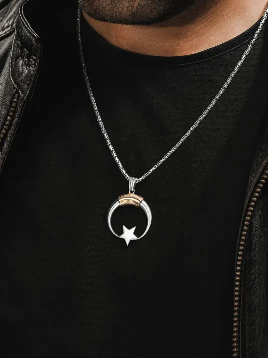 Erkek Gümüş Kolye - Hilal Ay Yıldız Motifli Kral Zincirli Erkek Kolye Erkek Gümüş Kolye - Hilal Ay Yıldız Motifli Kral Zincirli Erkek Kolye