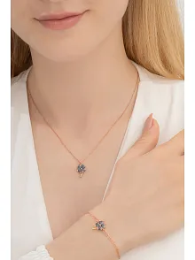 Kadın Gümüş Set - Rose Mistik Topaz Yonca Model Kolye Bileklik Gümüş Set