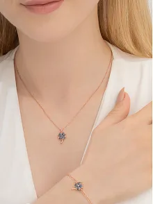 Kadın Gümüş Set - Rose Mistik Topaz Yonca Model Kolye Bileklik Gümüş Set