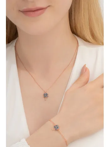 Kadın Gümüş Set - Rose Mistik Topaz Yonca Model Kolye Bileklik Gümüş Set