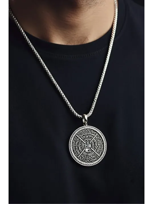 Erkek Gümüş Kolye - 4 Kul Duası Felak İhlas Nas Kafirun Dualı Erkek Gümüş Kolye Tilki Kuyruğu Zincir