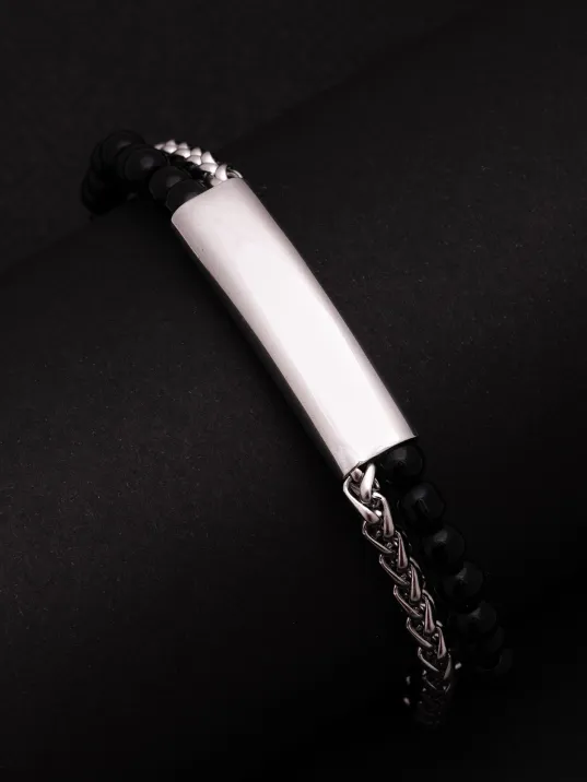 Erkek Çelik Bileklik - İsim Yazılabilir Siyah Boncuk Kral Zincir Çelik Bileklik