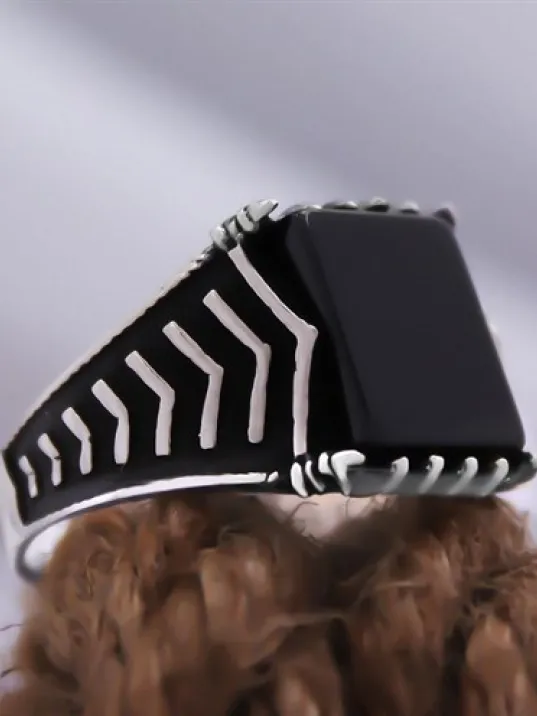 Siyah Oniks Kare Taşlı Özel Seri Erkek Gümüş Yüzük