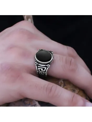 Siyah Oniks Taşlı Grek Desen Özel Seri Erkek Gümüş Yüzük