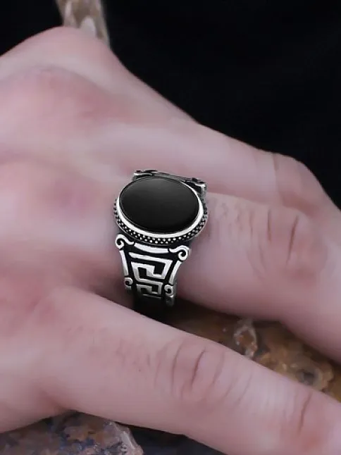 Siyah Oniks Taşlı Grek Desen Özel Seri Erkek Gümüş Yüzük