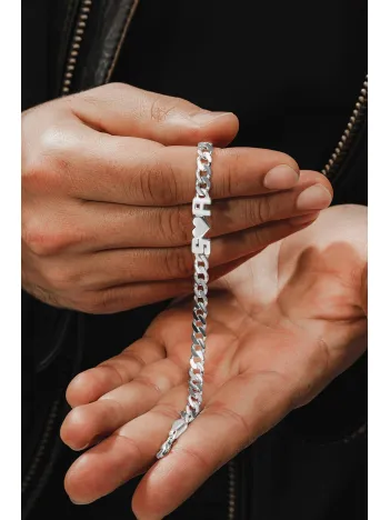 Erkek Gümüş Bileklik - Kesme Harf El İşçiliği Harf ve Obje Yazılı 925 Ayar Gümüş Erkek Bileklik