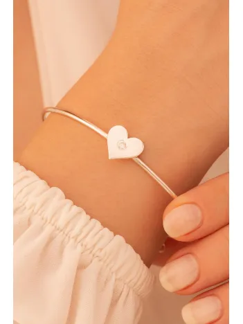 Kadın Gümüş Bileklik - El Yapımı Gümüş Zirkon Taşlı Kalp Motifli Kadın Bileklik Kelepçe