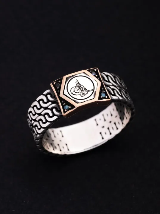 Erkek Gümüş Yüzük - Osmanlı Tuğrası Siyah Taşlı Gümüş Erkek Yüzüğü