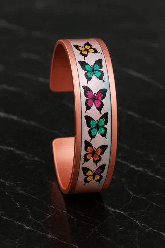 Kadın Bakır Bileklik - Butterfly Model Özel Baskı Metal Kutu Ve Kuvars Taşı