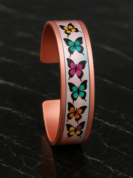 Kadın Bakır Bileklik - Butterfly Model Özel Baskı Metal Kutu Ve Doğal Taşlar