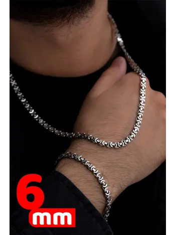 Erkek Gümüş Kolye Bileklik Set - Oksitli Euro Kral Kolye Bileklik Gümüş Set