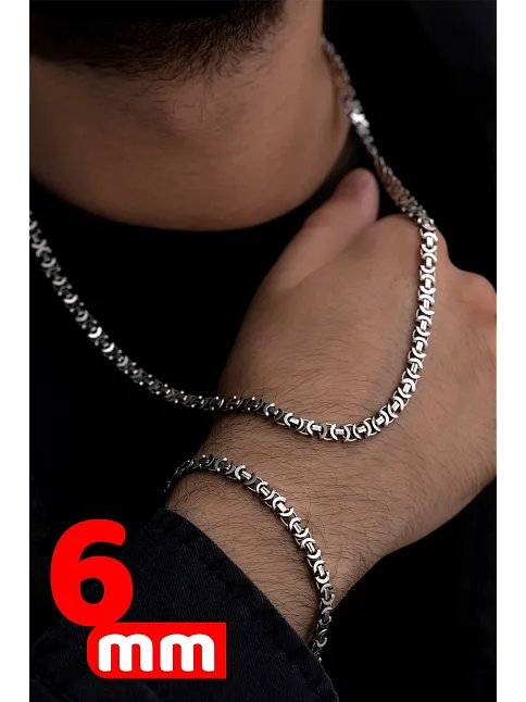 Erkek Gümüş Kolye Bileklik Set - Oksitli Euro Kral Kolye Bileklik Gümüş Set