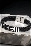 Erkek Çelik Bileklik - Deri Örgülü Çapa Model Çelik Bileklik