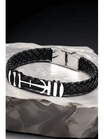 Erkek Çelik Bileklik - Deri Örgülü Çapa Model Çelik Bileklik