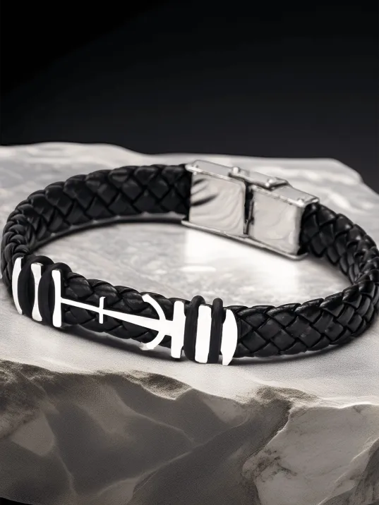 Erkek Çelik Bileklik - Deri Örgülü Çapa Model Çelik Bileklik