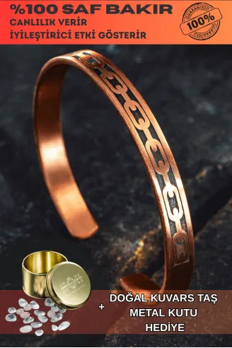 Erkek Kadın Bakır Bileklik - Zincir İşlemeli Metal Kutu Kuvars