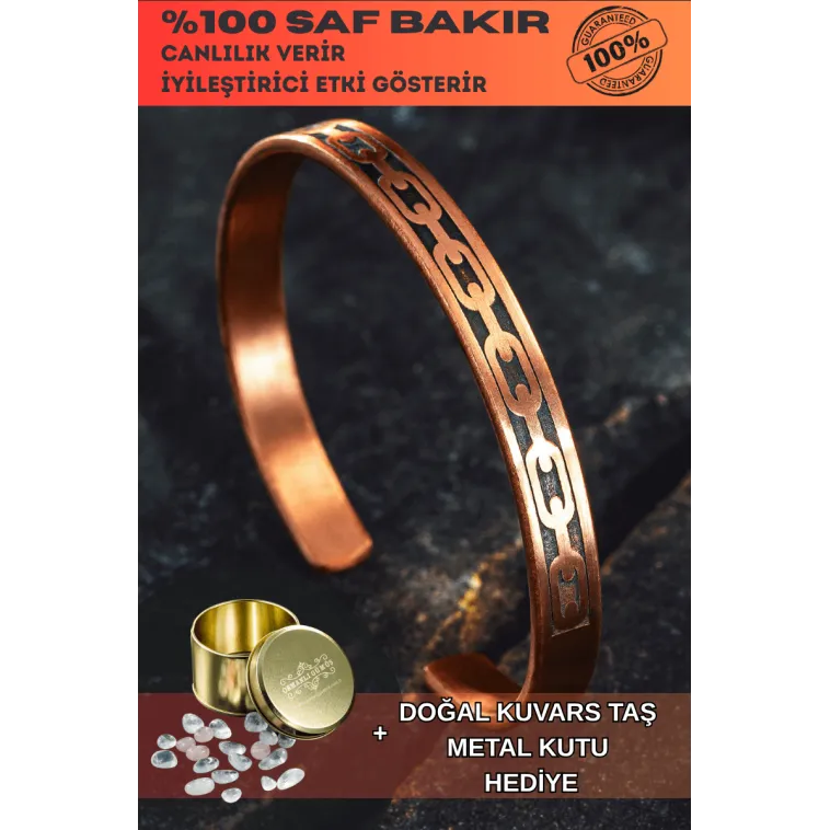 Erkek Kadın Bakır Bileklik - Zincir İşlemeli Metal Kutu Kuvars