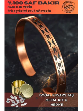 Erkek Kadın Bakır Bileklik - Zincir İşlemeli Metal Kutu Kuvars