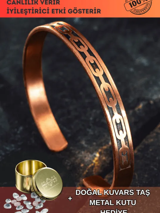Erkek Kadın Bakır Bileklik - Zincir İşlemeli Metal Kutu Kuvars