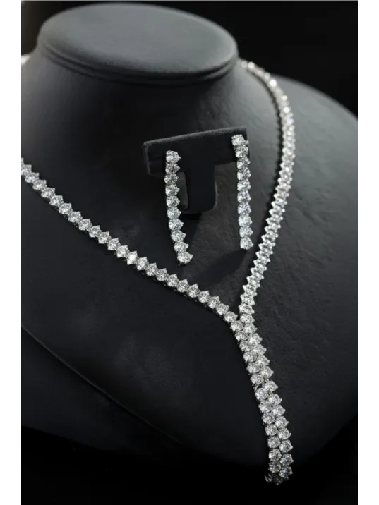 Kadın Bijuteri Kolye Küpe Set - Clara Model Zirkon Taşlı Zarif Su Yolu Set