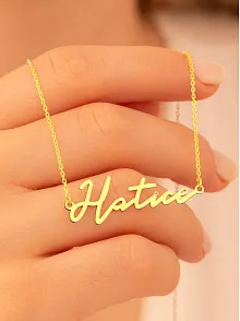 Kadın Gümüş Kolye - Altın Kaplama Hatice Yazılı 925 Ayar Gümüş Kadın Kolye