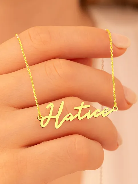 Kadın Gümüş Kolye - Altın Kaplama Hatice Yazılı 925 Ayar Gümüş Kadın Kolye