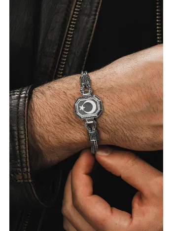 Erkek Gümüş Bileklik - Ay yıldız İşlemeli Tilkikuyruğu Zincirli 925 Ayar Erkek Bileklik