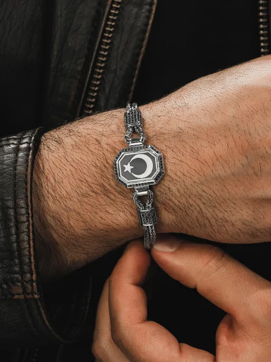 Erkek Gümüş Bileklik - Ay yıldız İşlemeli Tilkikuyruğu Zincirli 925 Ayar Erkek Bileklik