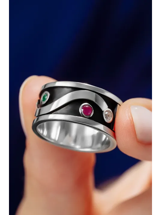 Kişiye Özel Orijinal Yakut Zümrüt Ve Zirkon Taşı İsim Yazılabilir 925 Ayar Gümüş Erkek Alyans Yüzük