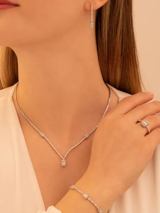 Kadın Gümüş Takı Seti - Feride Baget Taşlı Kolye, Bileklik, Yüzük, Küpe Tam Set Kadın Gümüş Takı Seti - Feride Baget Taşlı Kolye, Bileklik, Yüzük, Küpe Tam Set