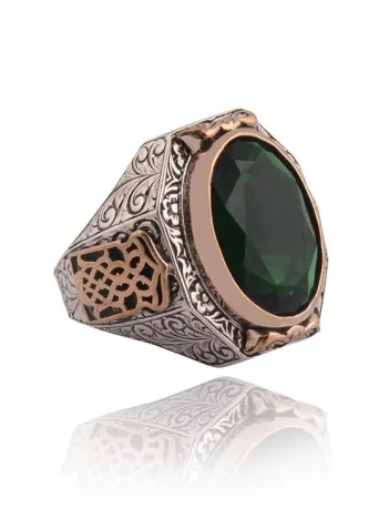 Yeşil Zirkon Taşlı Yanı İşlemeli Erkek Gümüş Yüzük