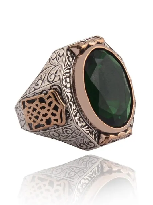 Yeşil Zirkon Taşlı Yanı İşlemeli Erkek Gümüş Yüzük
