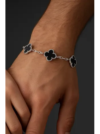 Erkek 925 Ayar Gümüş Siyah Oniks Taşlı Yonca Model Zincir Bileklik