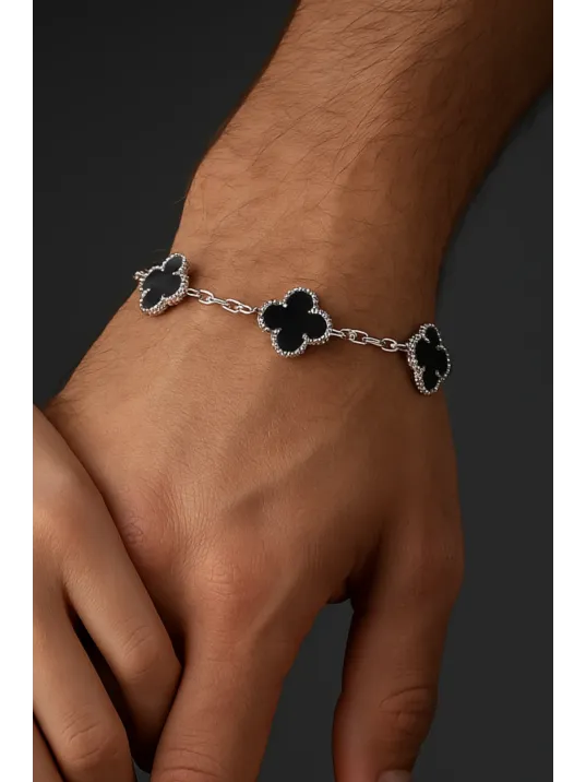 Erkek 925 Ayar Gümüş Siyah Oniks Taşlı Yonca Model Zincir Bileklik