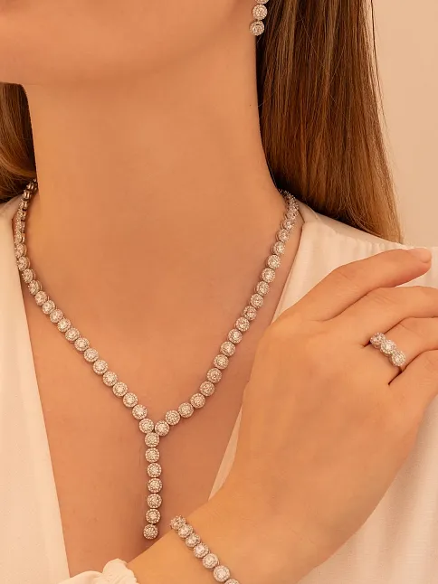 Kadın Gümüş Takı Seti - Şahmeran Yuvarlak Model Zirkon Taşlı Kolye, Bileklik, Yüzük, Küpe Tam Set