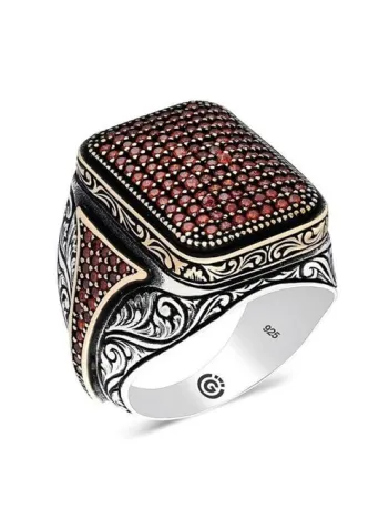 Homero Turuncu Zirkon Yanı Taşlı İşlemeli Özel Seri Erkek Gümüş Yüzük