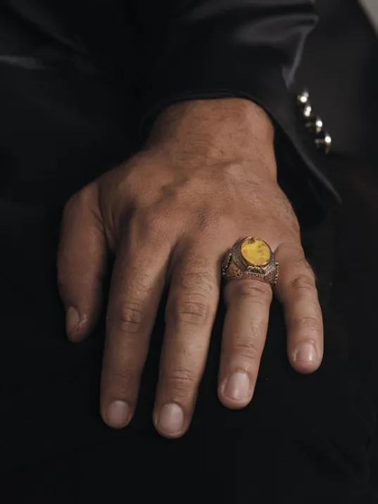 Sarı Parabia Taşlı 925 Ayar Erkek Gümüş Yüzük GYZSARIPARA-GMS