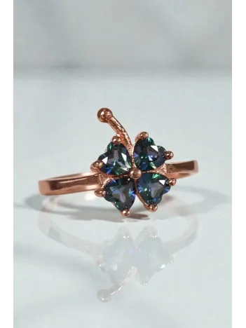 Kadın Gümüş Yüzük - Rose Kaplama Çok Renkli Yonca Model Gümüş Yüzük