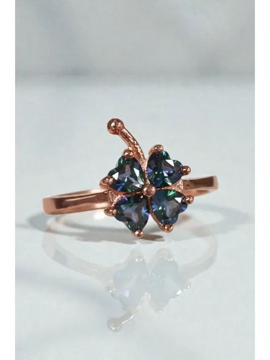 Kadın Gümüş Yüzük - Rose Kaplama Çok Renkli Yonca Model Gümüş Yüzük