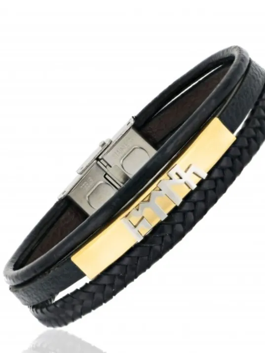 Erkek Deri Bileklik -  Çepni Göktürkçe İşlemeli Çoklu Deri Çelik Plaka Deri Bileklik