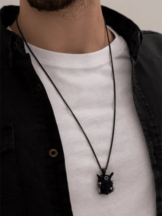 Erkek Kolye - Iskelet Korsan Figürlü Zirkon Taşlı Erkek Çelik Kolye - 316 L Paslanmaz Çelik