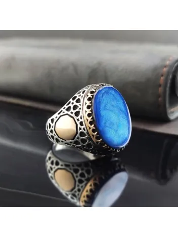 Damla Desenli Mavi Kehribar Taşlı Erkek Gümüş Yüzük  GYZGMSGUMSG