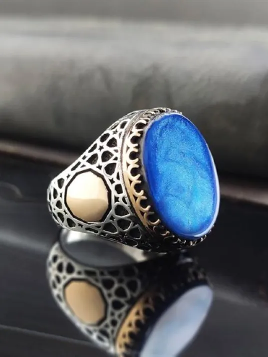 Damla Desenli Mavi Kehribar Taşlı Erkek Gümüş Yüzük  GYZGMSGUMSG